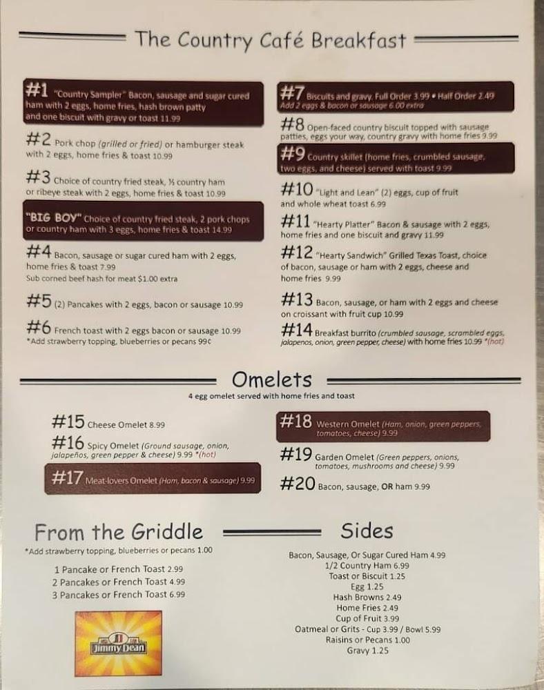 The Country Cafe Breakfast options
